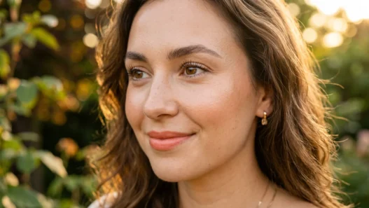 Woman's face showing heat-resistant makeup with natural glow in warm outdoor lighting