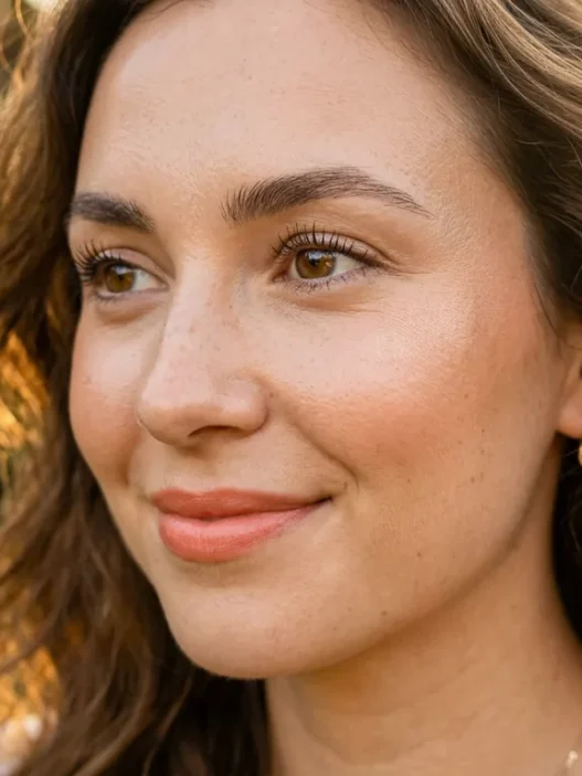 Woman's face showing heat-resistant makeup with natural glow in warm outdoor lighting