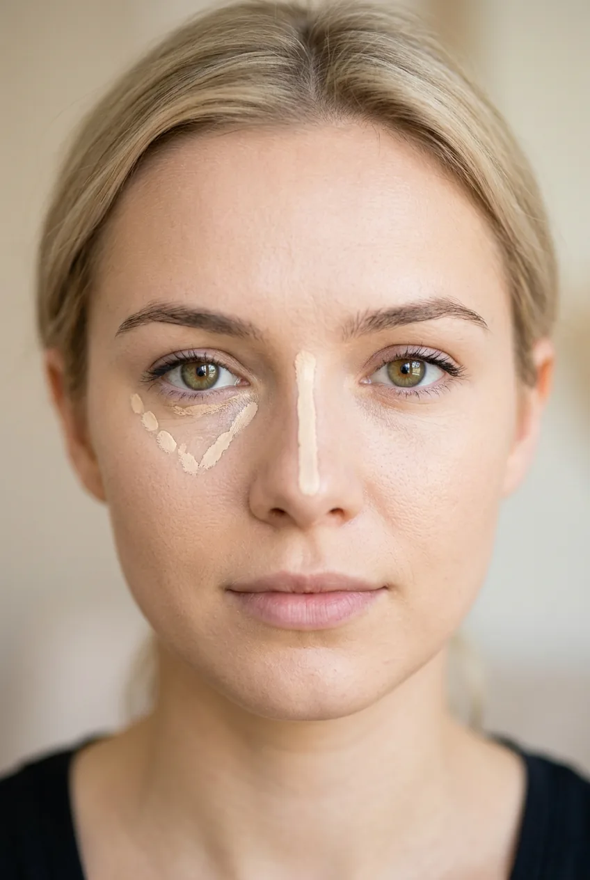 Highlighting concealer strategically placed on nose bridge and under eye for dimension