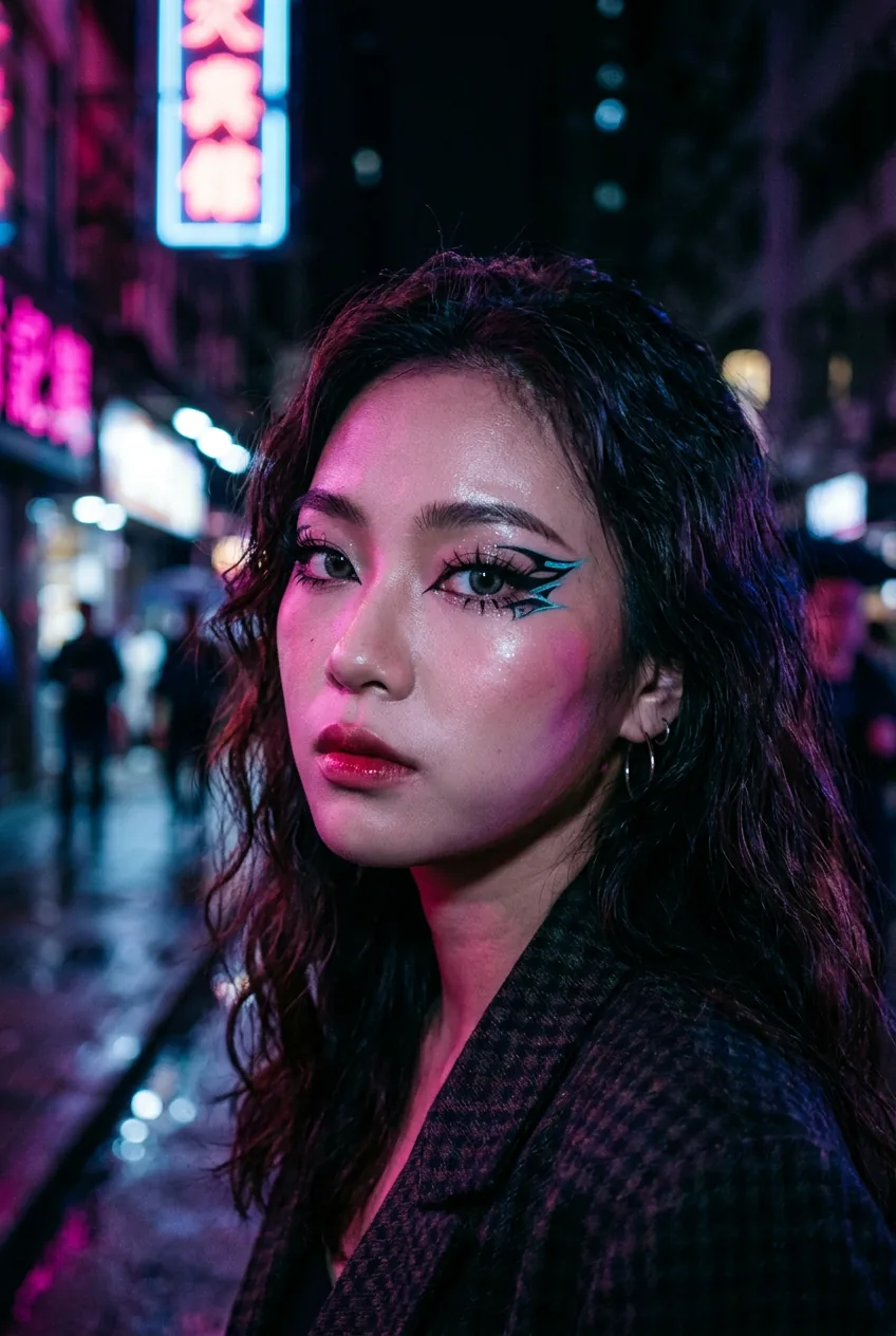 Woman showcasing hybrid makeup combining Korean dewy base with douyin graphic design elements