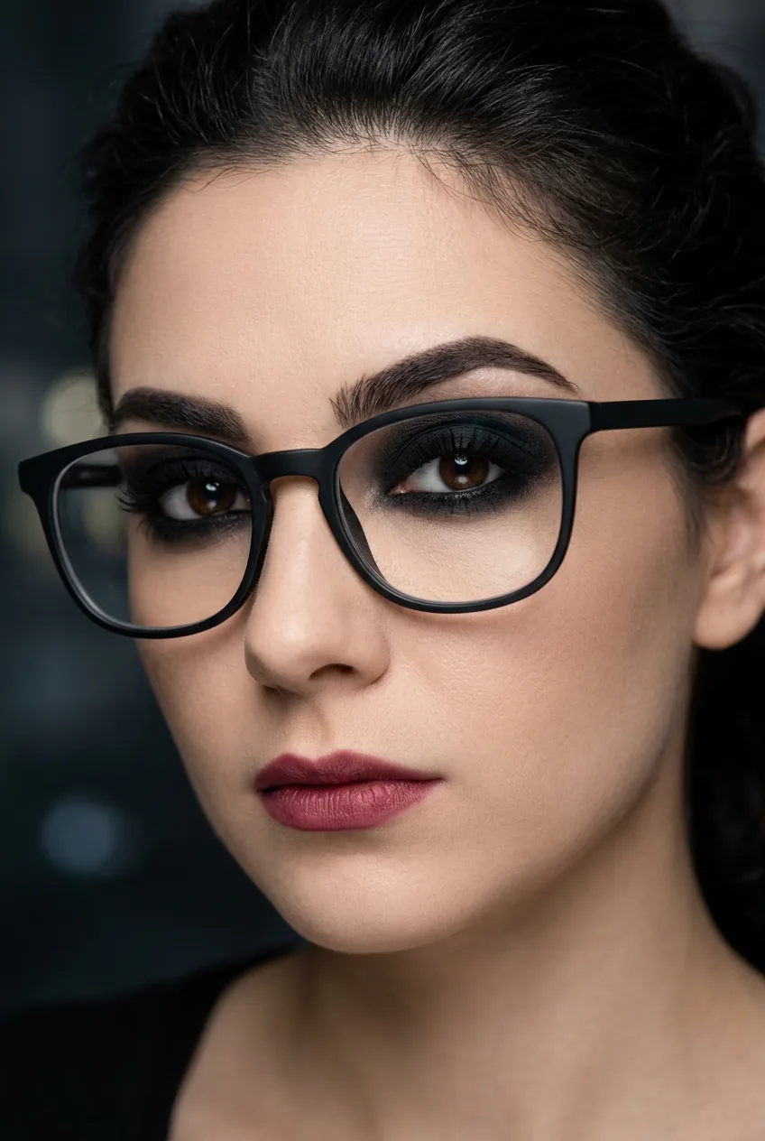 Detailed view of dramatic vampire eye makeup visible through glasses lenses with dark shadow intensity