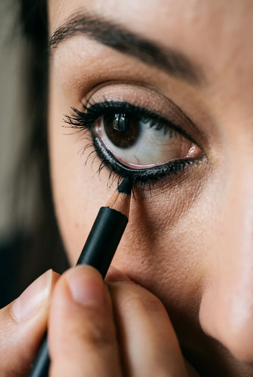 Black kohl pencil being applied carefully along lower lash line for dramatic gothic eye definition