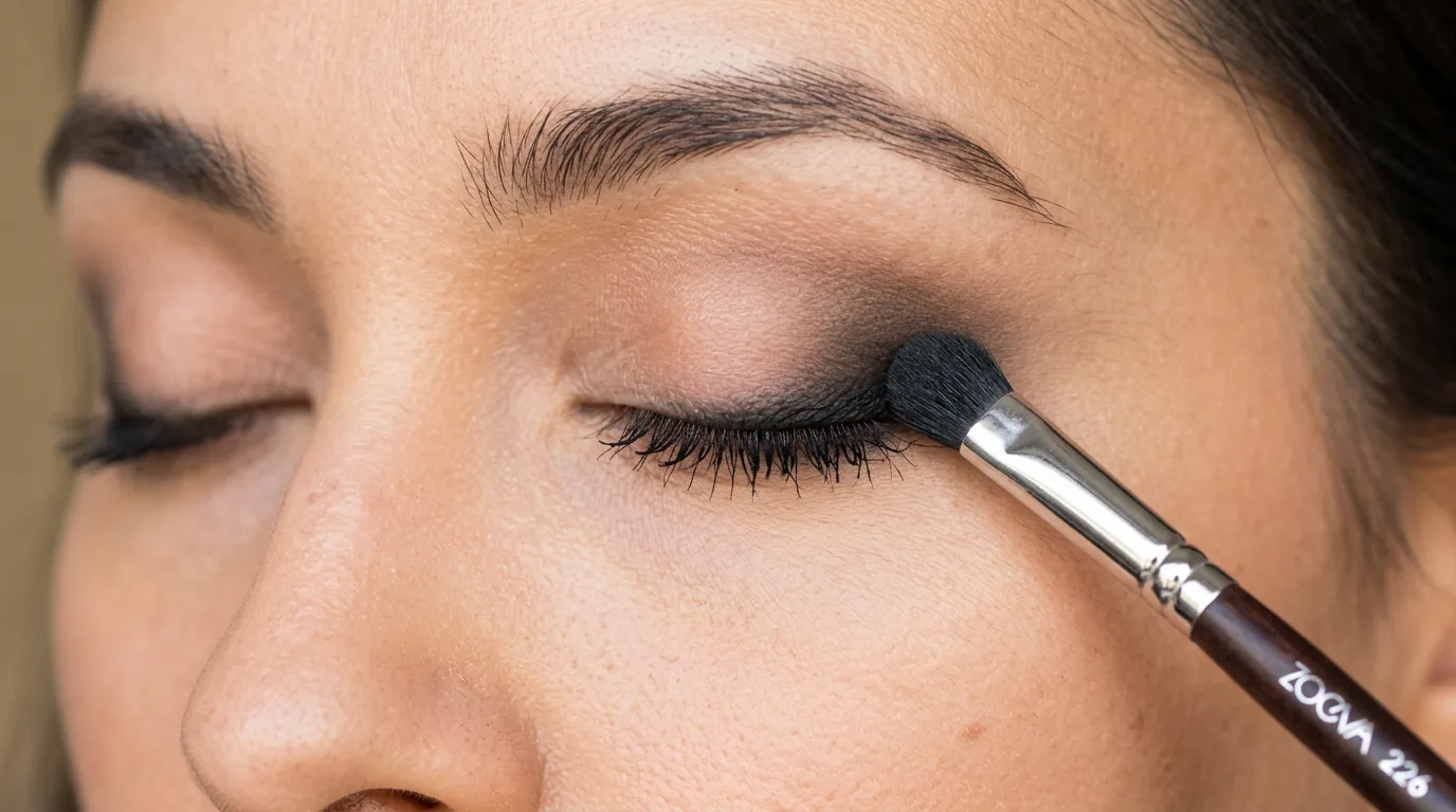 Close-up of smudger brush blending black kohl pencil along woman's lash line creating soft smoky gradient