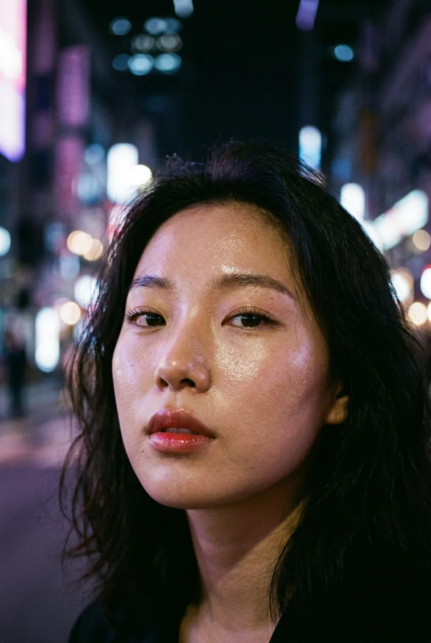 Woman with dewy Korean-style glass skin and natural gradient lips in soft ethereal lighting
