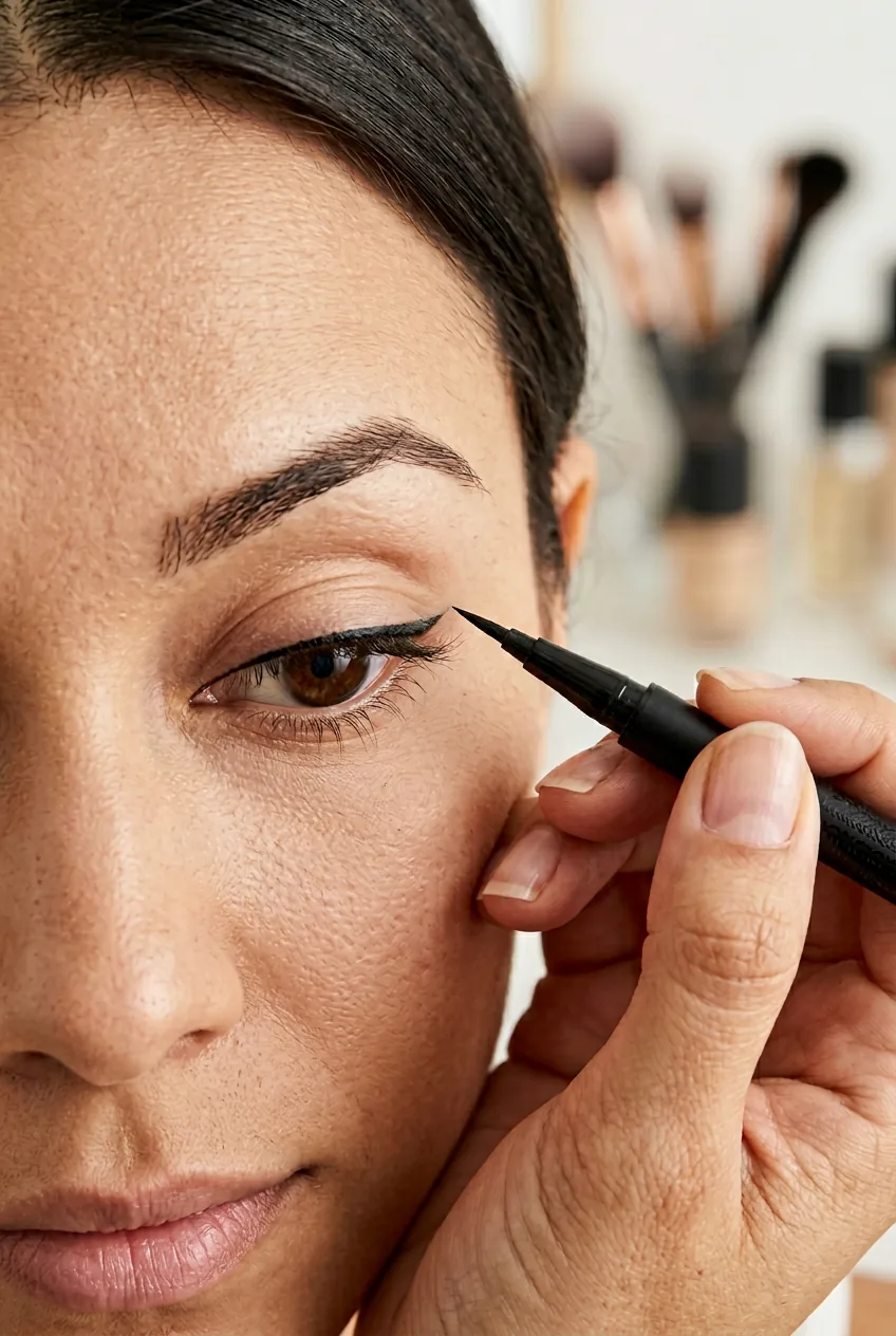 Steady hand applying liquid eyeliner along upper lash line starting from inner corner technique