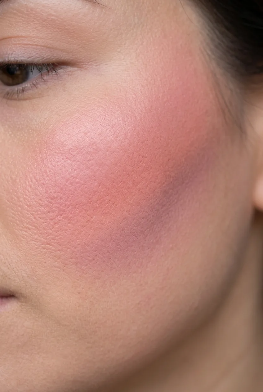 Close-up of cheek showing seamlessly blended layered pink makeup in custom gradient