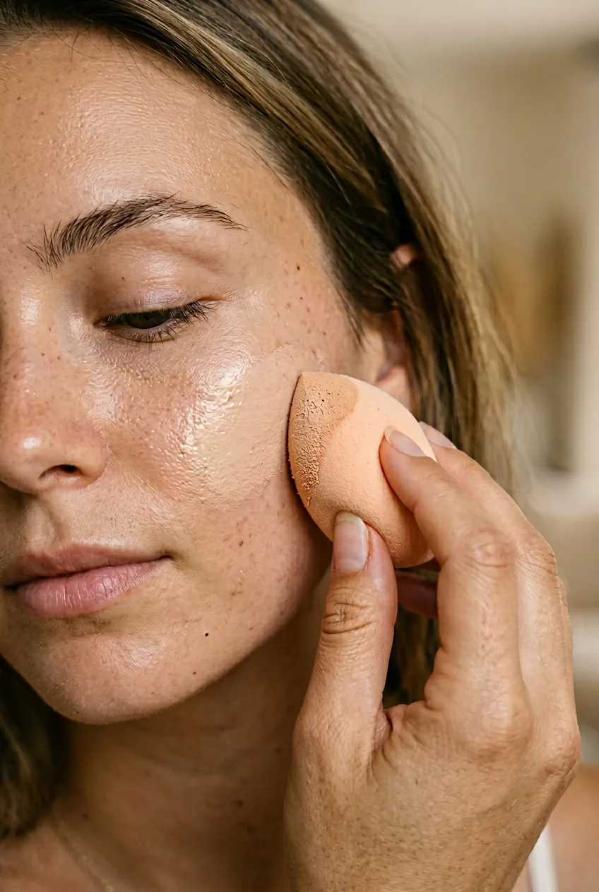 Lightweight foundation being applied in thin layers with beauty sponge showing buildable coverage