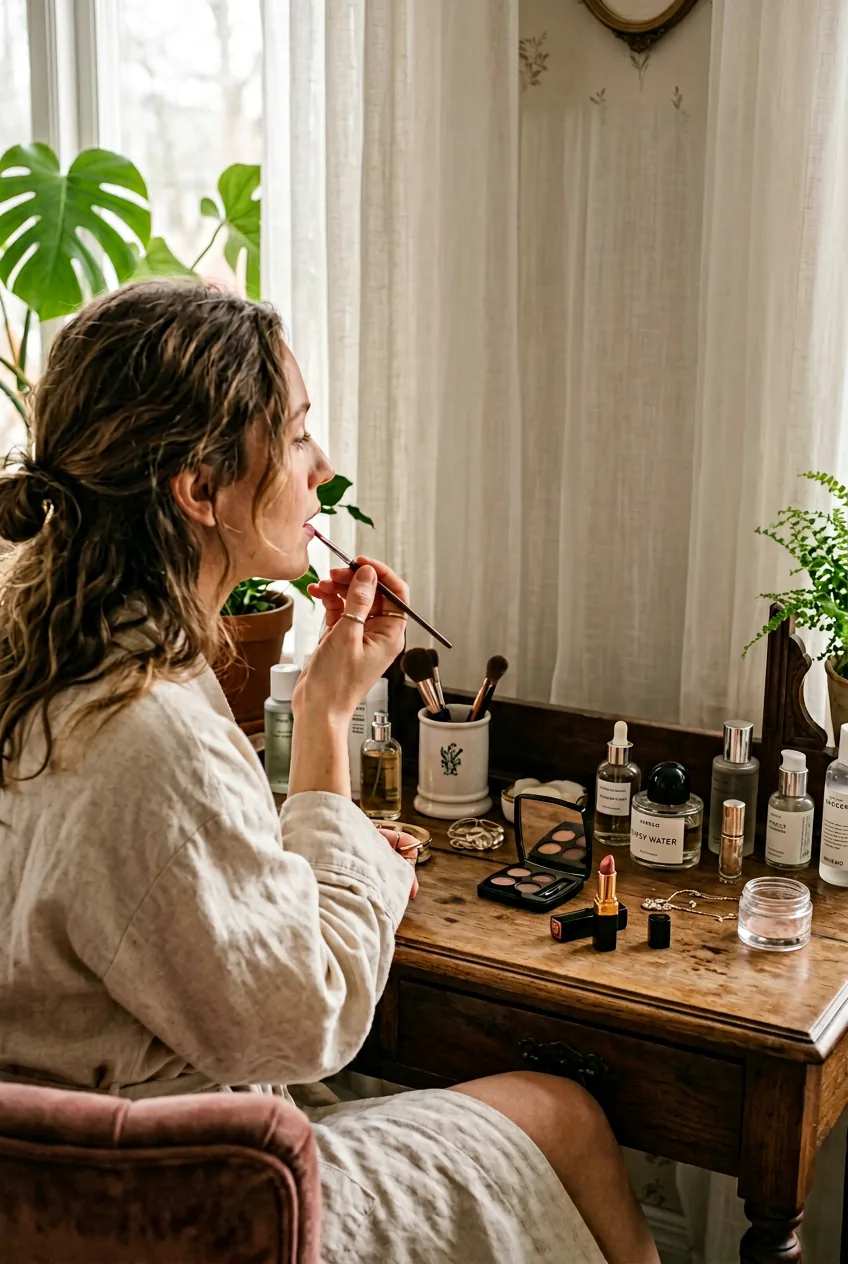 Woman applying lip color with precision brush near vanity mirror in gentle morning lighting