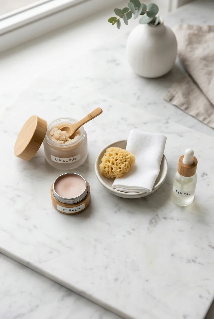 Overhead view of lip preparation tools including sugar scrub, lip balm and tissue on white marble surface