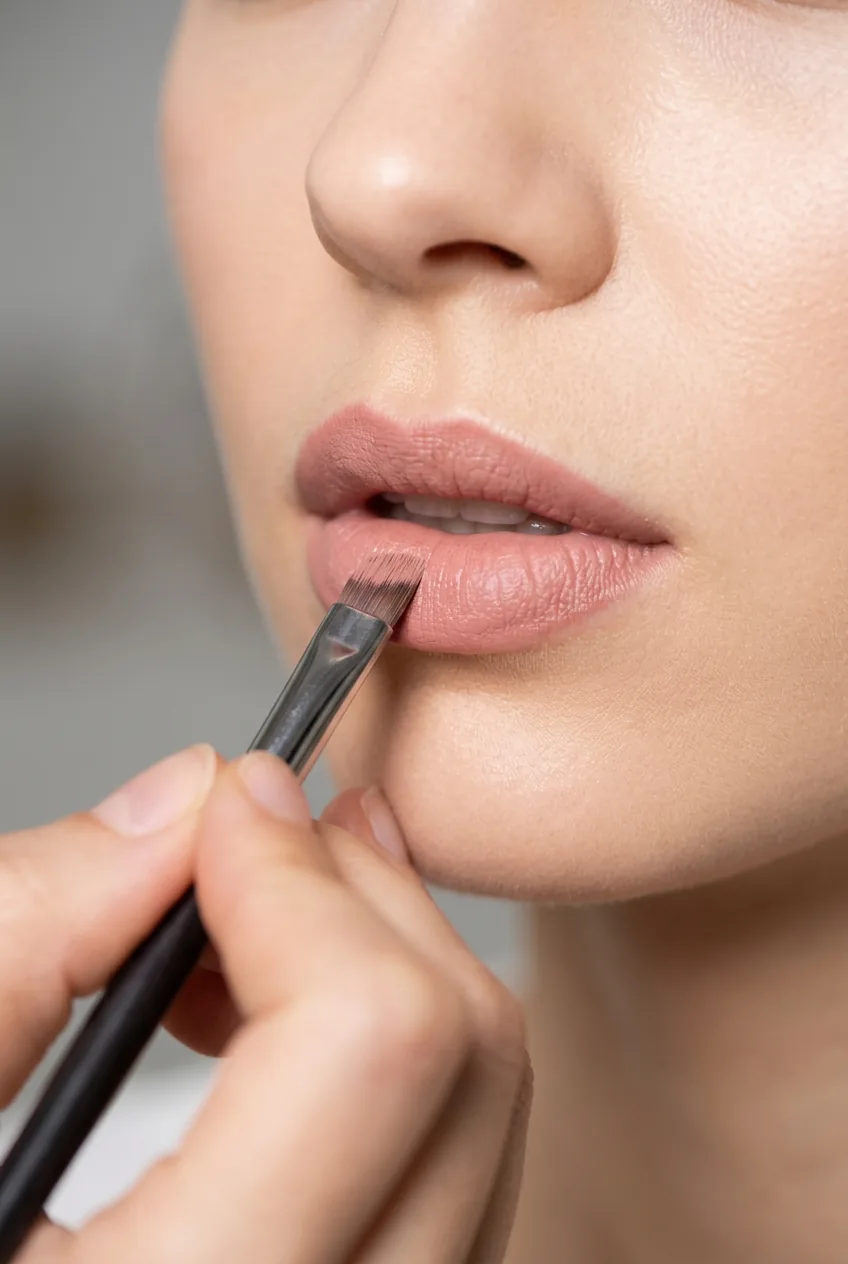 Nude-pink lipstick being applied to lips with small precision brush in close-up detail