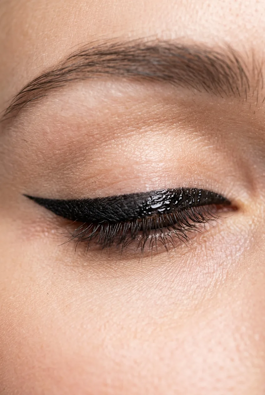Fresh liquid eyeliner drying on closed eyelid showing wet to dry transition texture detail
