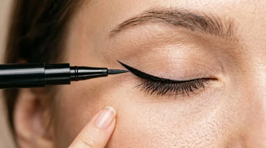 Close-up of liquid eyeliner brush creating precise winged flick at outer corner of closed eye