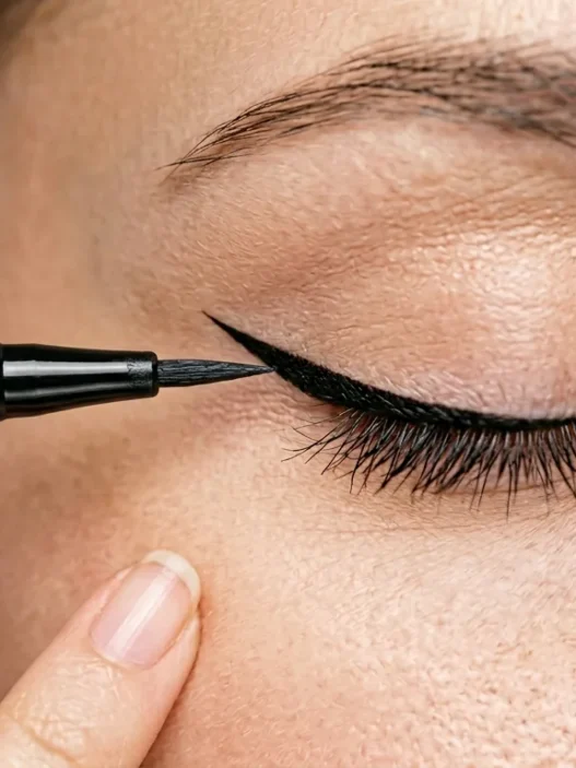 Close-up of liquid eyeliner brush creating precise winged flick at outer corner of closed eye