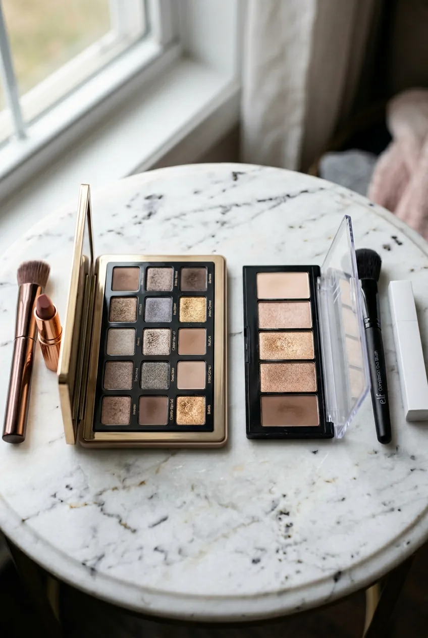 Luxury makeup products displayed next to drugstore alternatives showing price comparison on marble surface