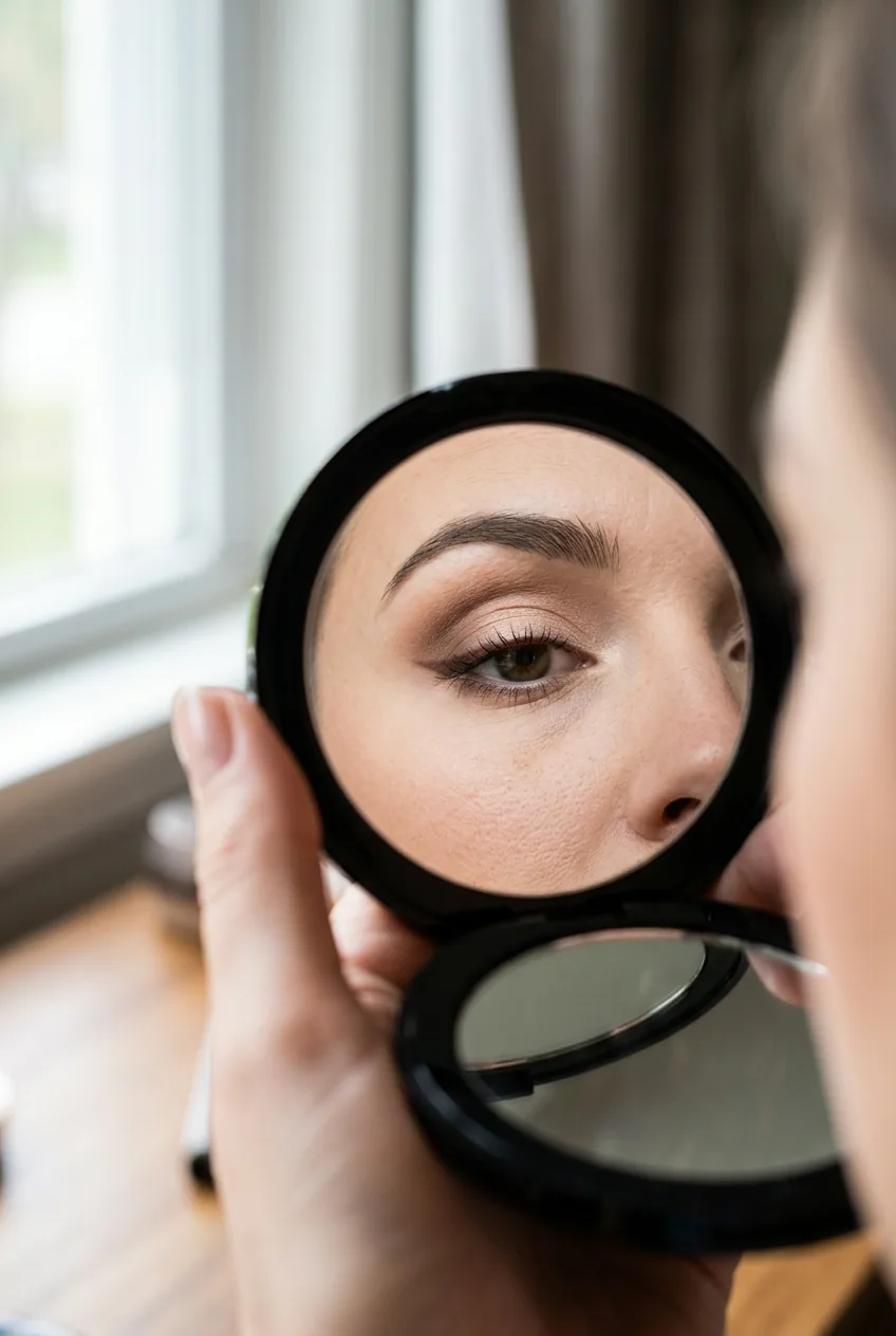 Woman using compact magnifying mirror to check detailed eyeshadow blending work in window lighting
