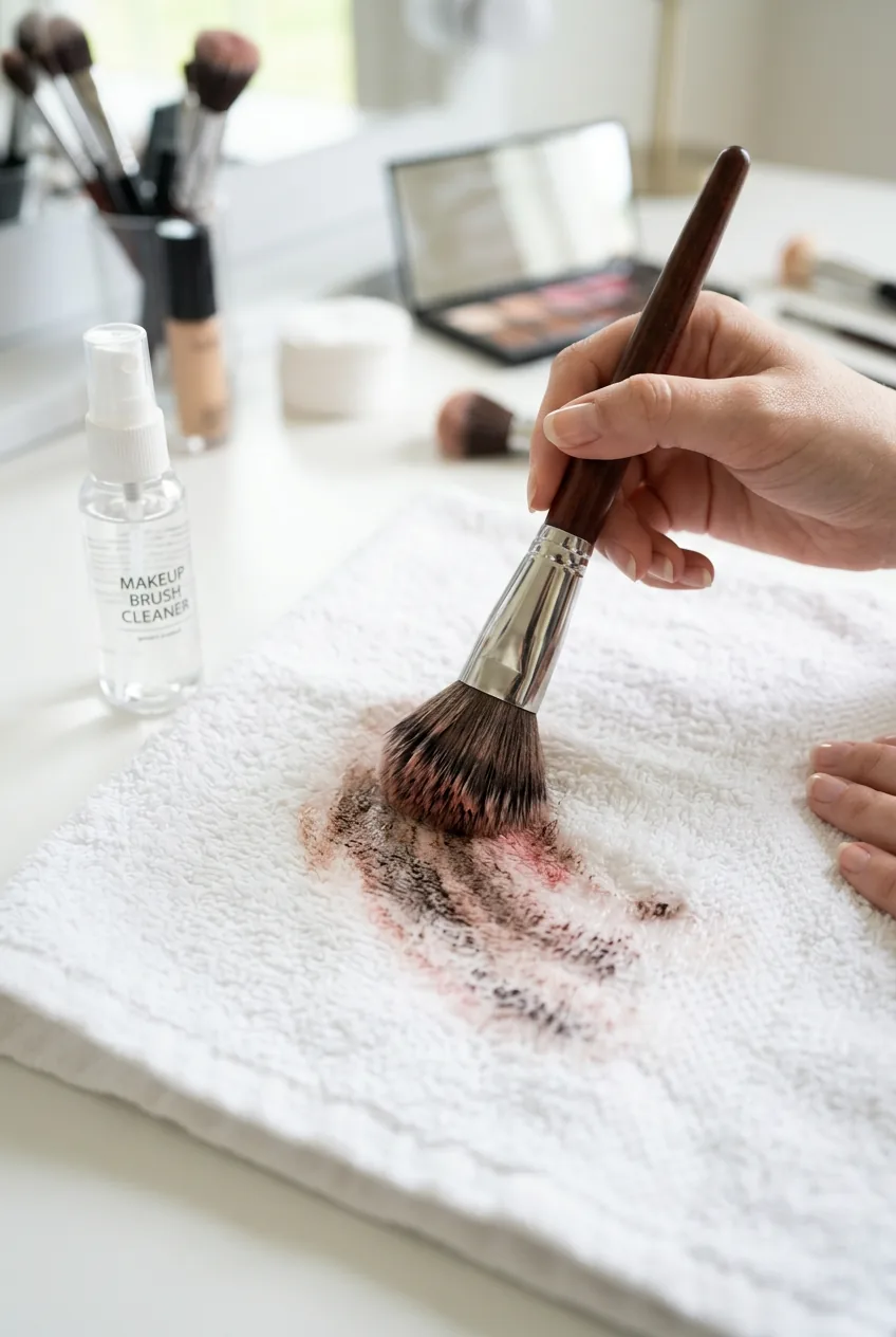 Makeup brush being cleaned with spray cleaner on white towel showing color residue removal process