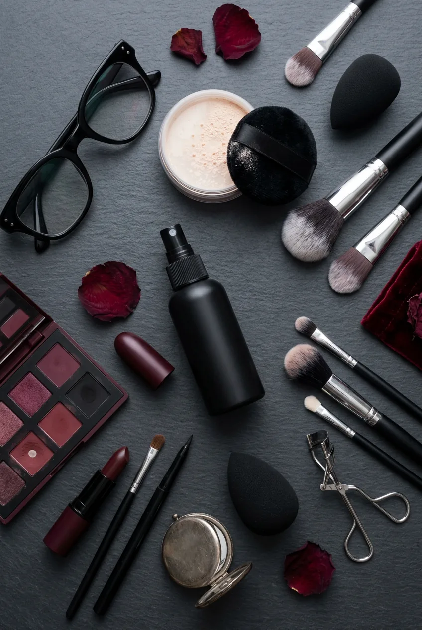 Overhead arrangement of makeup setting products with glasses positioned among beauty tools