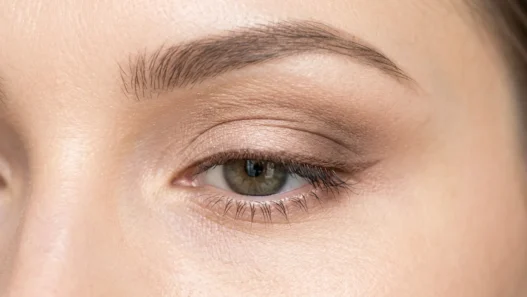 Close-up of one eye during makeup tutorial showing application technique in bright even lighting