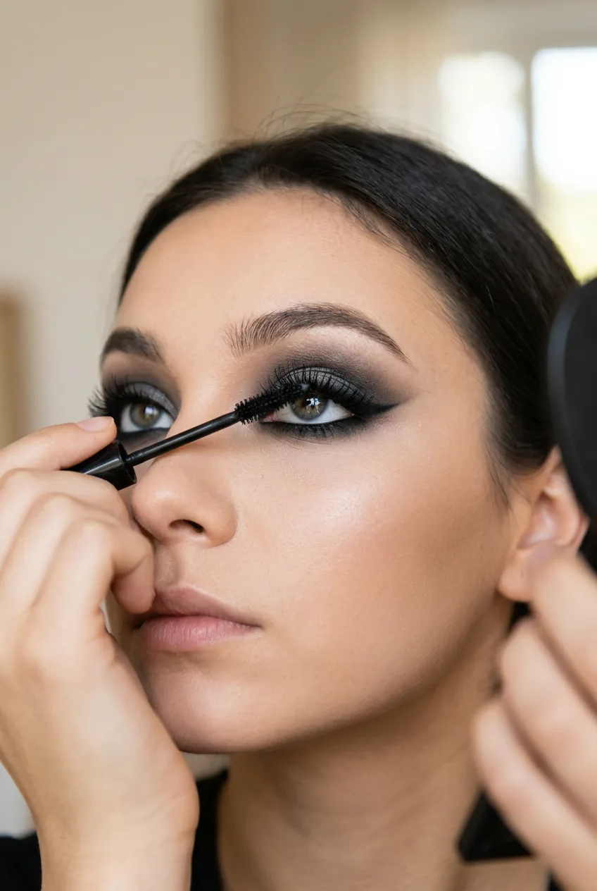 Woman applying black mascara to upper lashes over completed dramatic smoky eye makeup