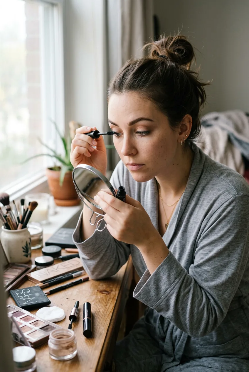 Woman carefully applying mascara while looking down in soft window light at vanity table