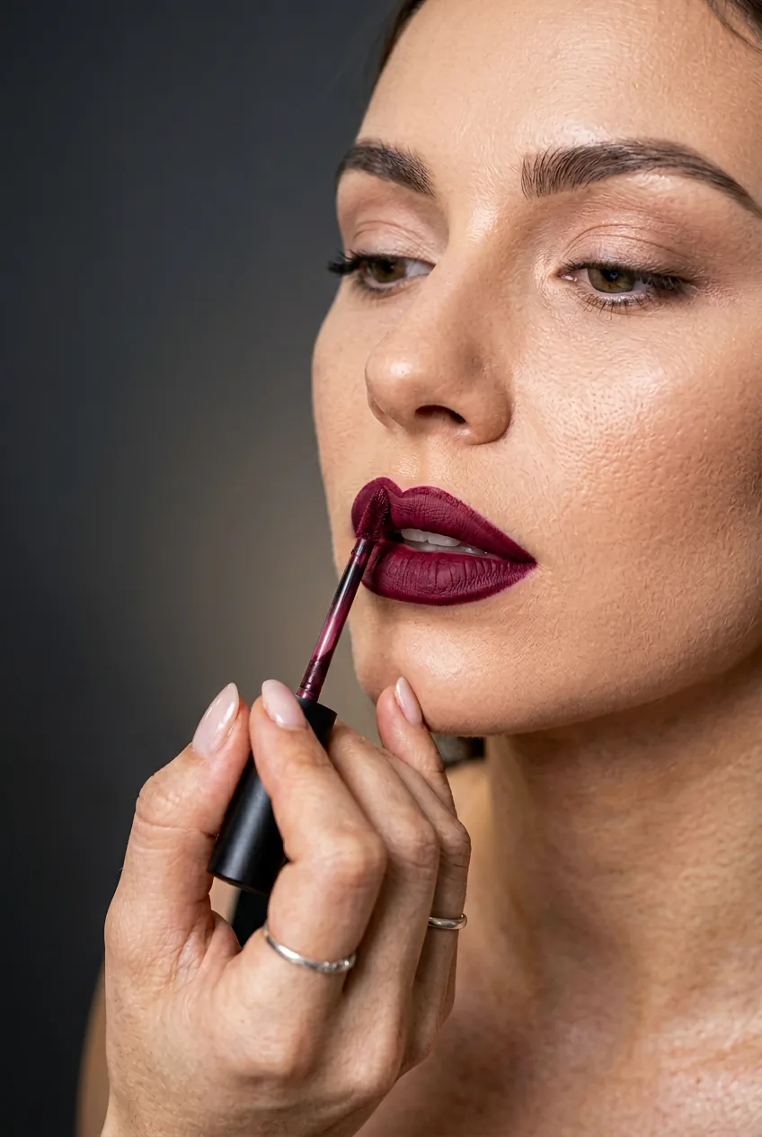 Matte liquid lipstick being applied over precise lip liner creating bold statement lip with sharp definition