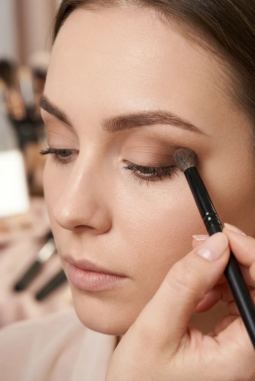 Dense brush applying medium brown eyeshadow to outer crease area building depth