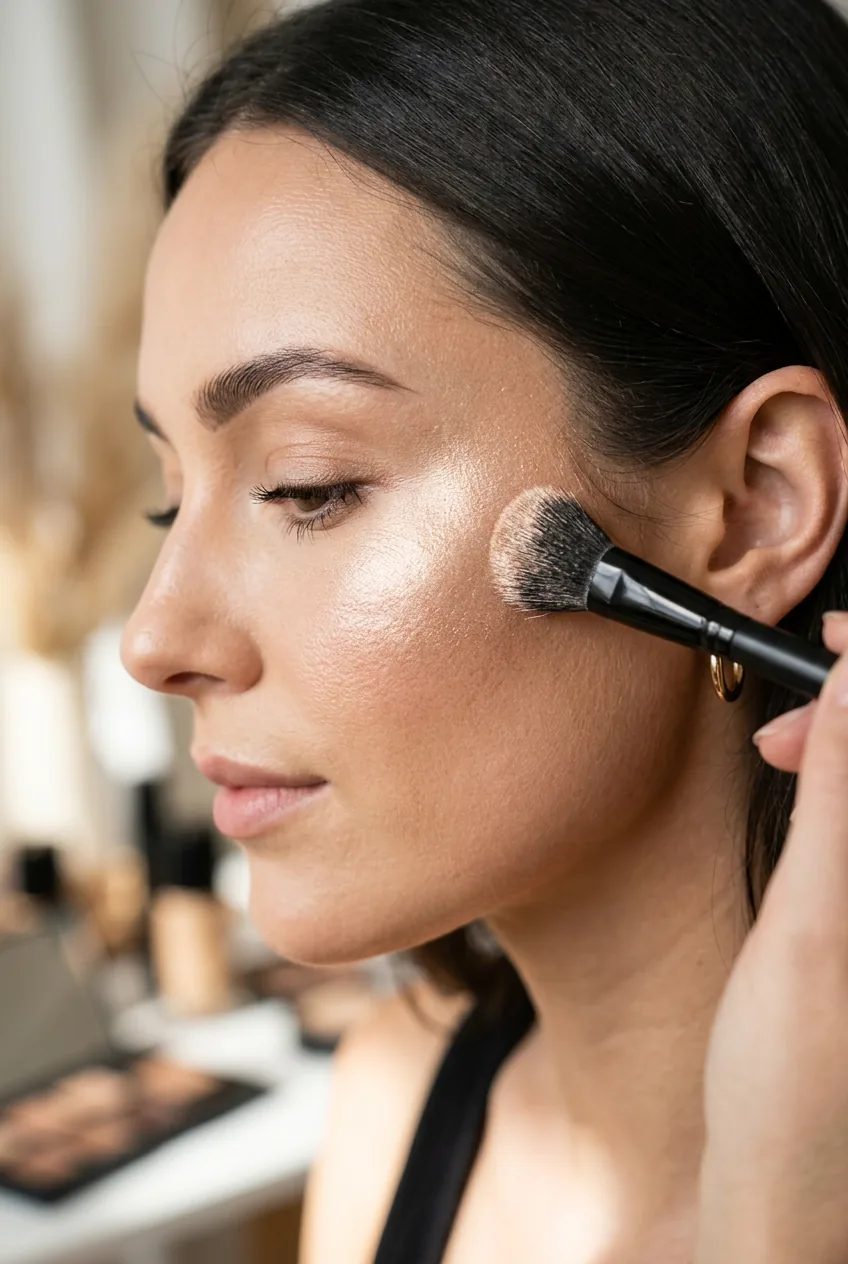Small dense brush applying metallic highlighter to highest point of cheekbone creating dramatic light reflection