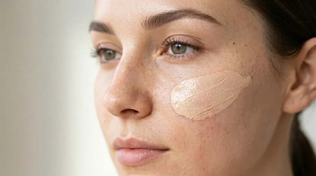 Three makeup products arranged on clean surface showing tinted moisturizer, cream blush and lip balm