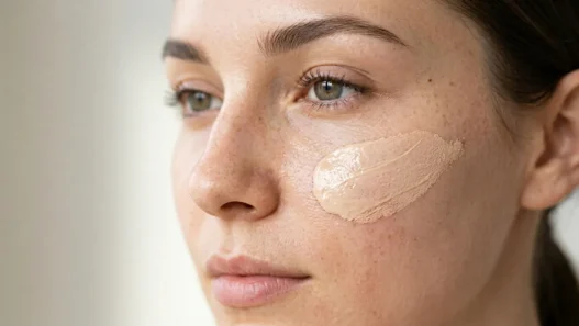 Three makeup products arranged on clean surface showing tinted moisturizer, cream blush and lip balm