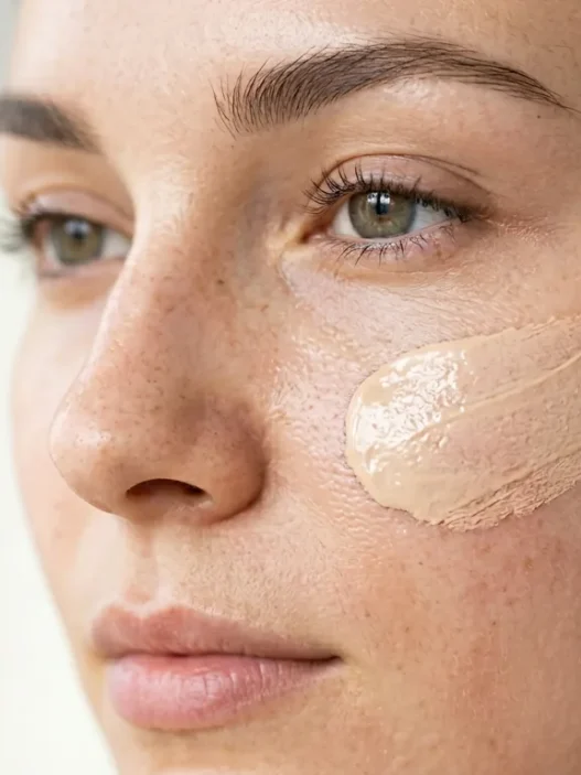 Three makeup products arranged on clean surface showing tinted moisturizer, cream blush and lip balm