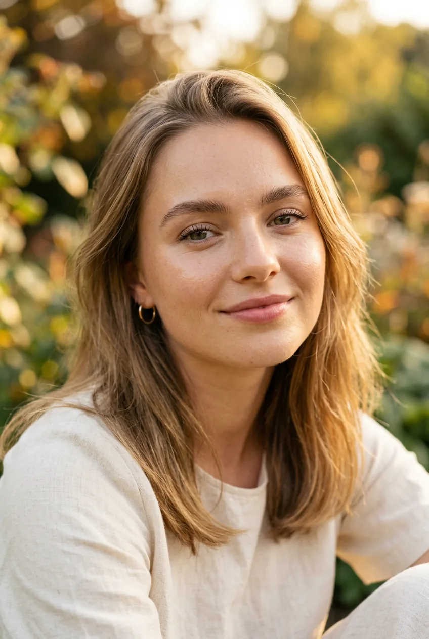 Woman with fresh minimalist makeup look showing clean BB cream base and groomed brows