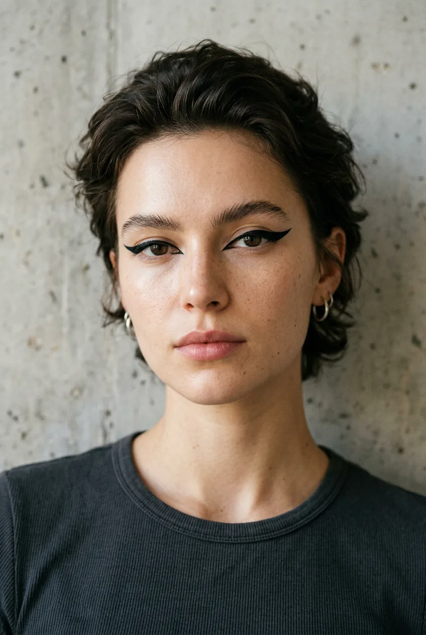 Minimalist grunge makeup look featuring single bold black eyeliner element against bare natural skin