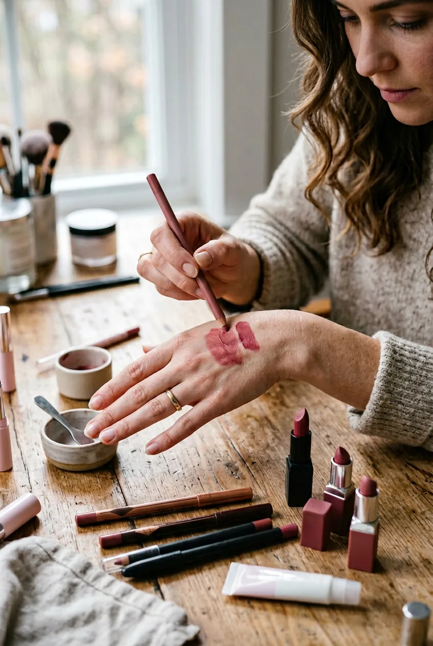 Hand mixing lip liner and lipstick to create custom shade with products scattered nearby