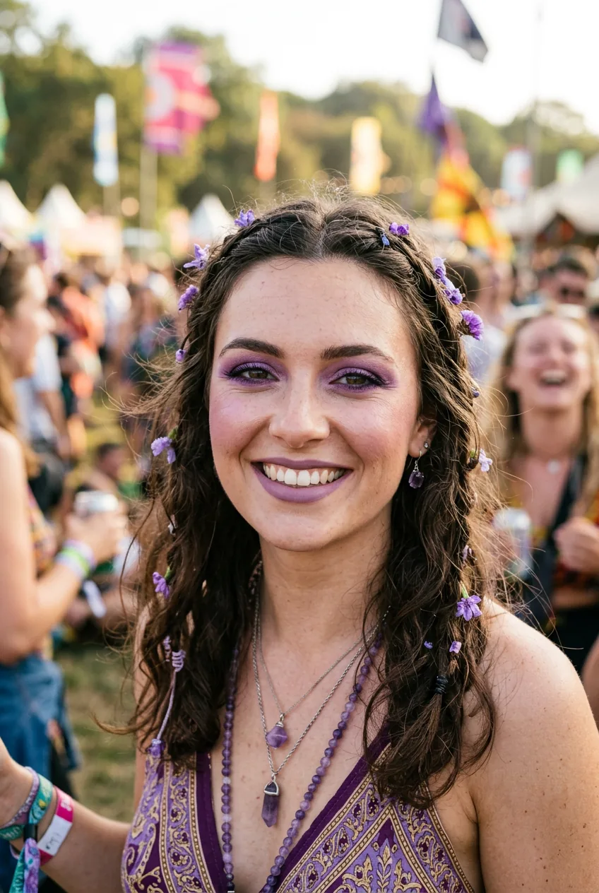Portrait of woman wearing monochromatic purple makeup across eyes, cheeks and lips