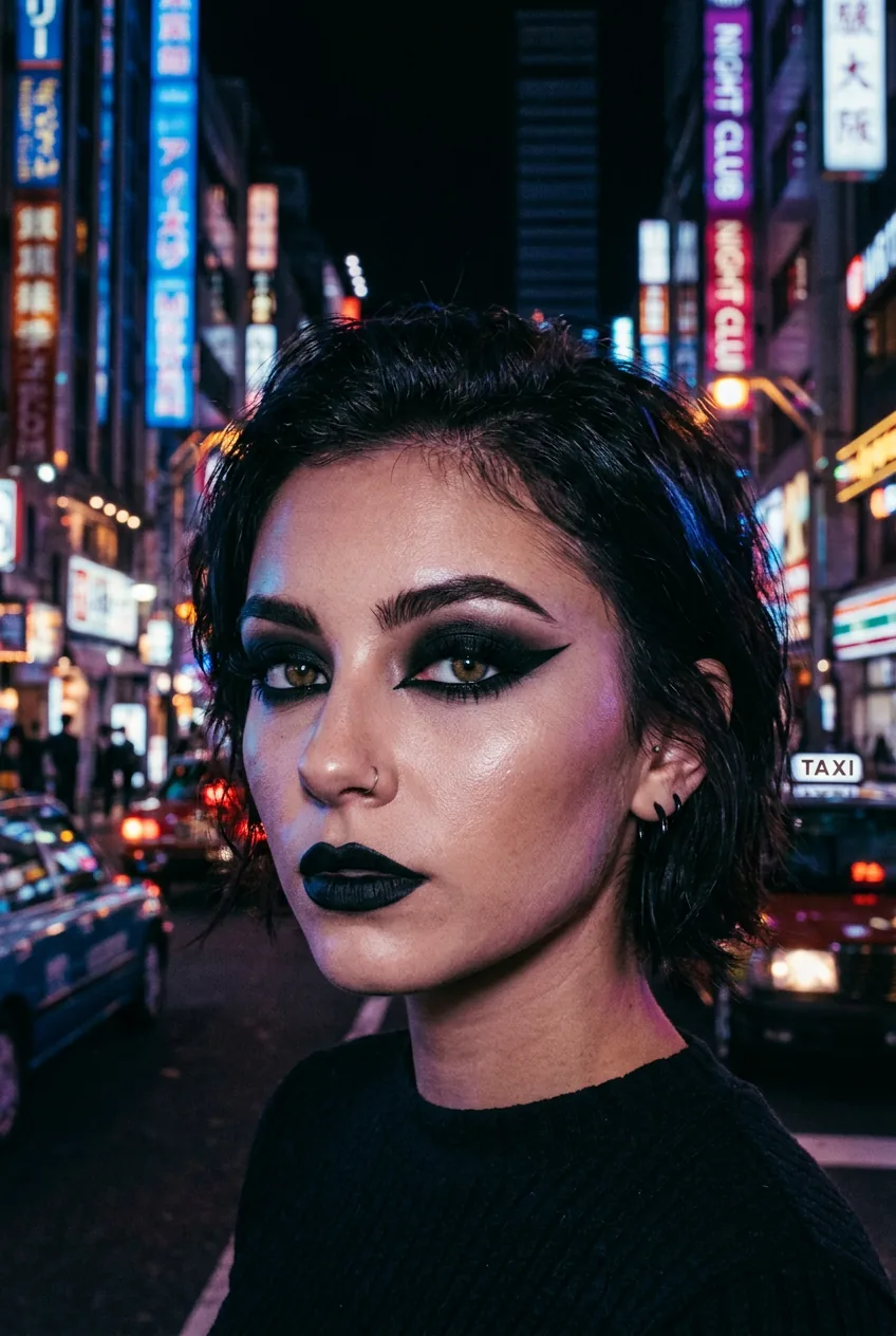 Close-up beauty shot of woman with monochrome black makeup and dramatic eyeliner in neon-lit street