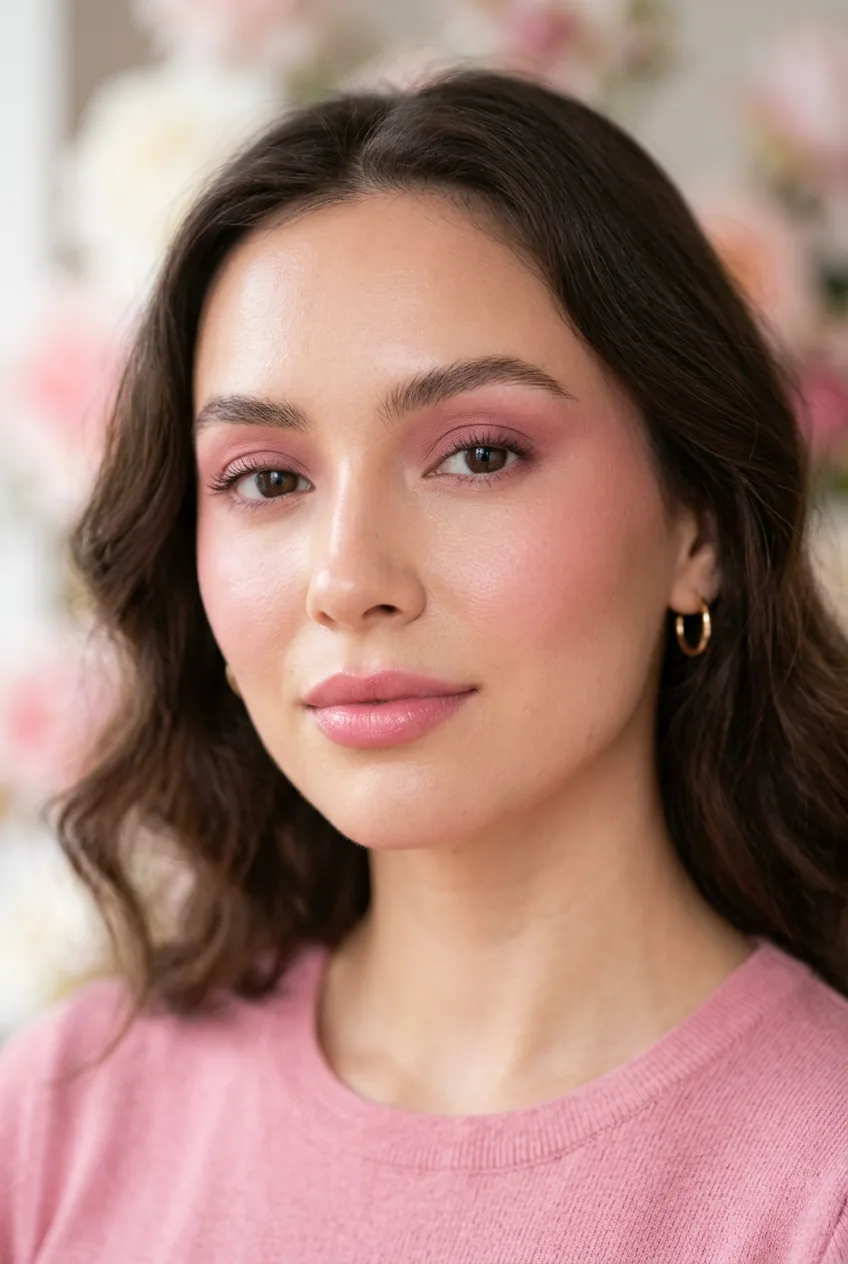 Woman with monochrome pink makeup applied to eyes, cheeks and lips in cohesive editorial beauty look