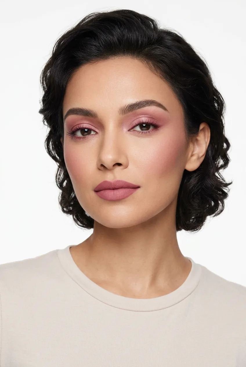Woman wearing monochrome pink makeup with matching dusty rose eyeshadow lips and blush