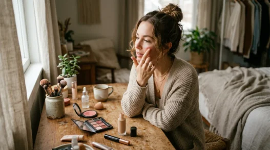 Woman applying makeup at vanity table in soft morning light with products scattered naturally around