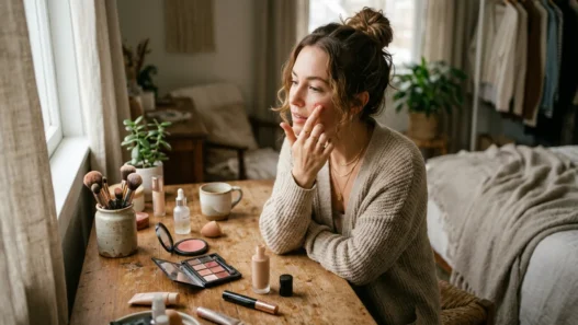 Woman applying makeup at vanity table in soft morning light with products scattered naturally around