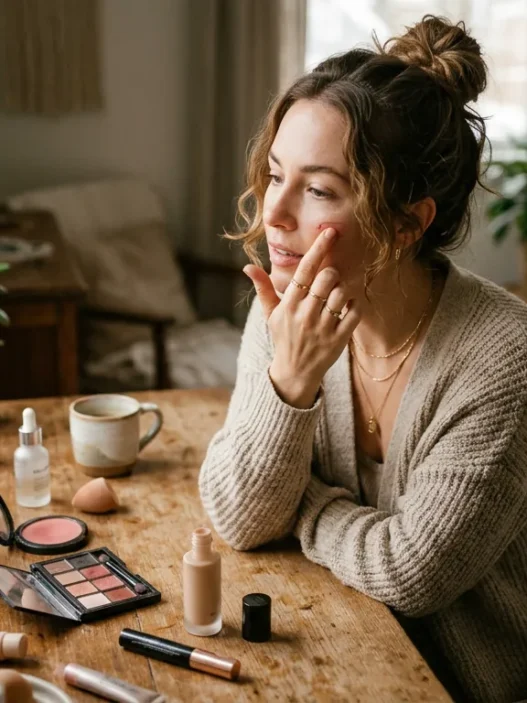 Woman applying makeup at vanity table in soft morning light with products scattered naturally around