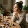 Woman applying makeup at vanity table in soft morning light with products scattered naturally around