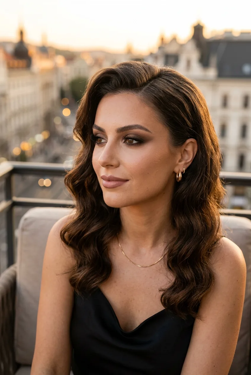 Woman with rich mushroom brown smokey eye makeup in golden hour lighting