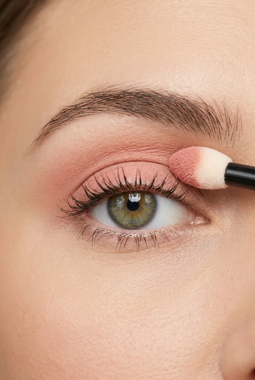 Eye showing subtle pink wash of color from cream blush application across eyelid