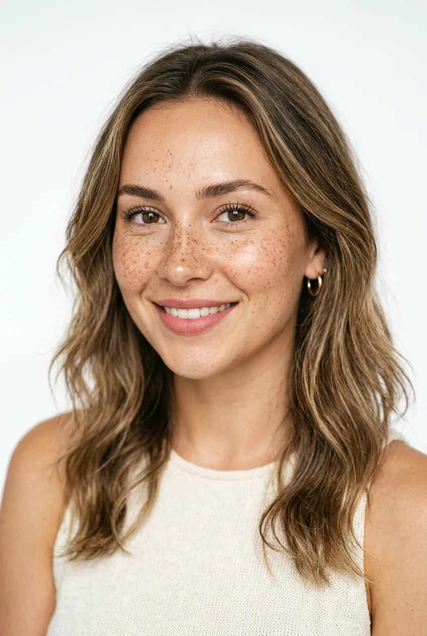 Woman with natural-looking faux freckles scattered organically across nose and cheeks