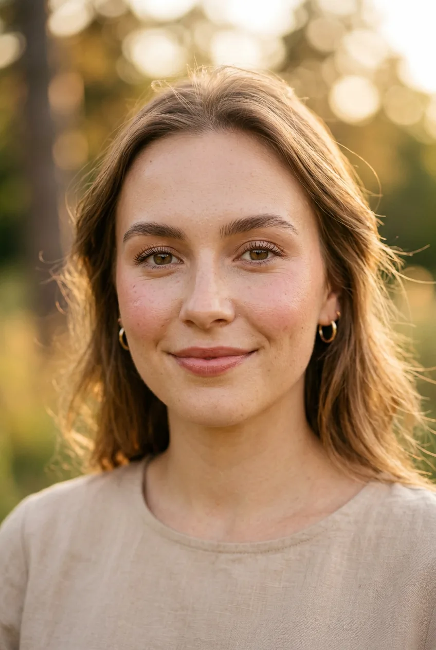 Woman with natural flush and brown mascara showing enhanced natural features in golden light