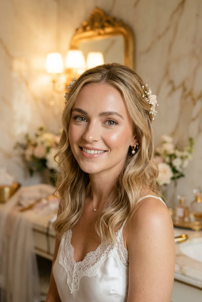 Woman with natural glowing summer wedding makeup showing cream blush and dewy skin finish
