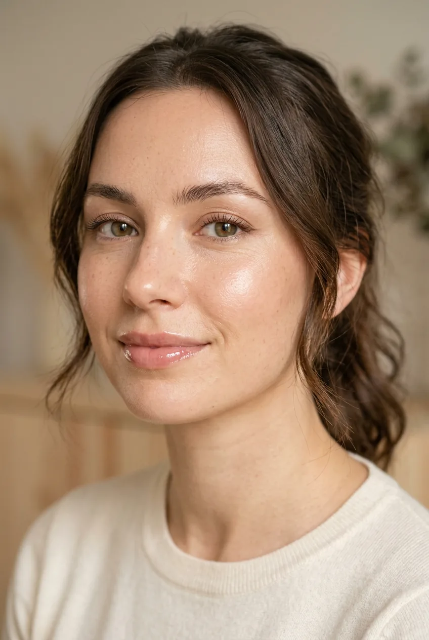 Woman with subtle natural eye makeup and glossy lips showing minimal beauty look