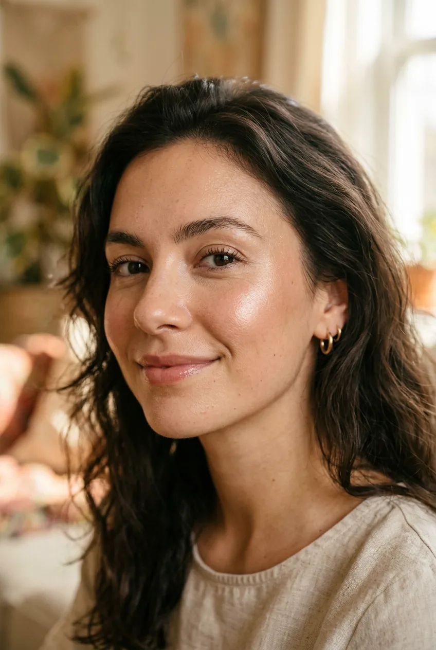 Close-up of woman's cheekbones with subtle natural shimmer and highlighter