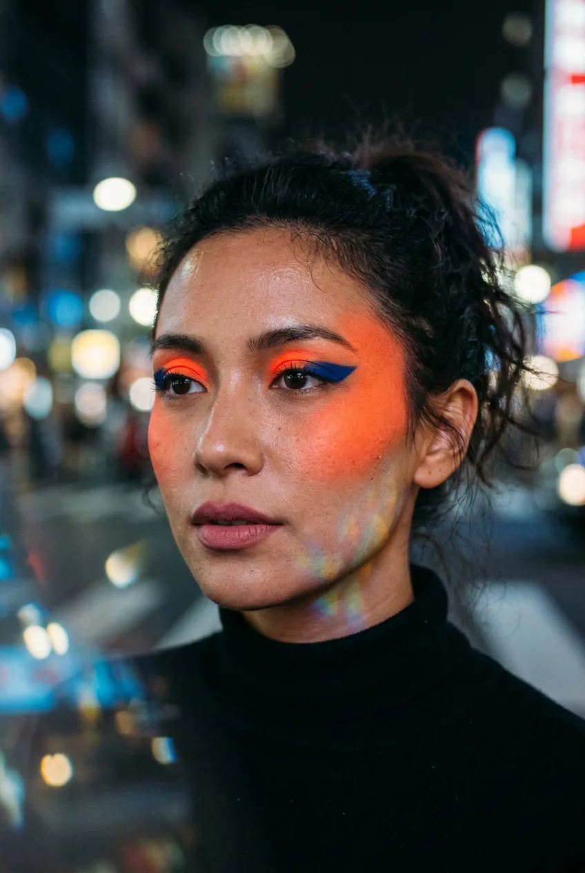 Close-up of woman using bright neon orange eyeshadow as blush on cheeks