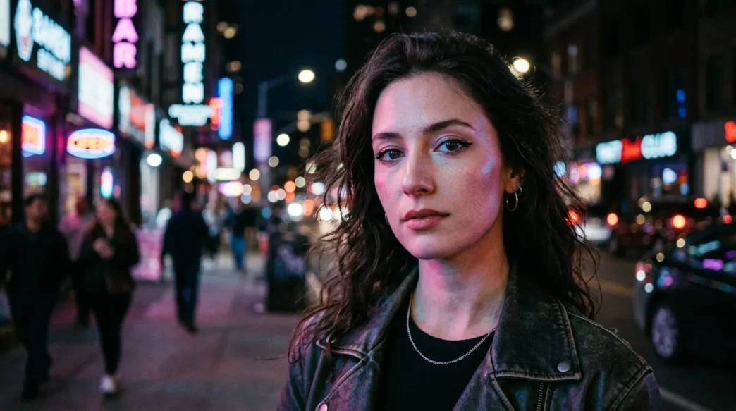 Woman with dramatic goth makeup standing on neon-lit city street at night with colorful light reflections